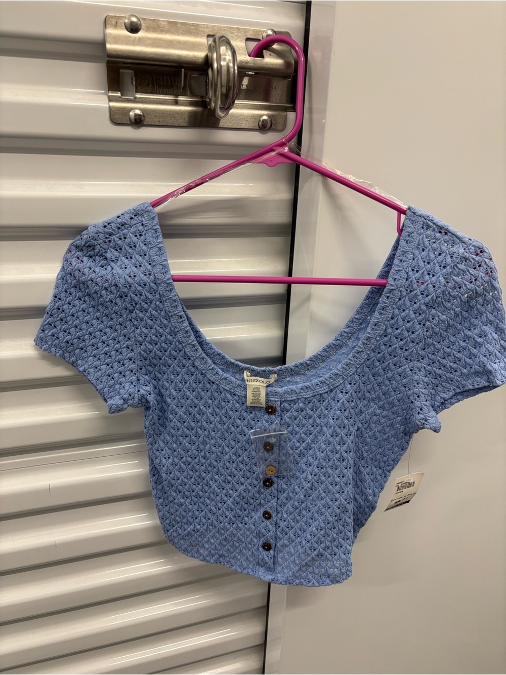 NWT Bozzolo Sky Blue Cropped Knit Button-Front SS Top Juniors L Round Neckline